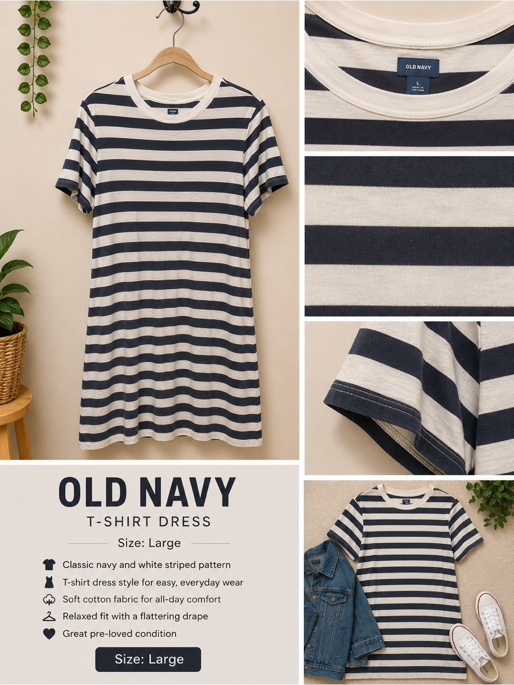 Old Navy Navy and White Striped Tee Dress
